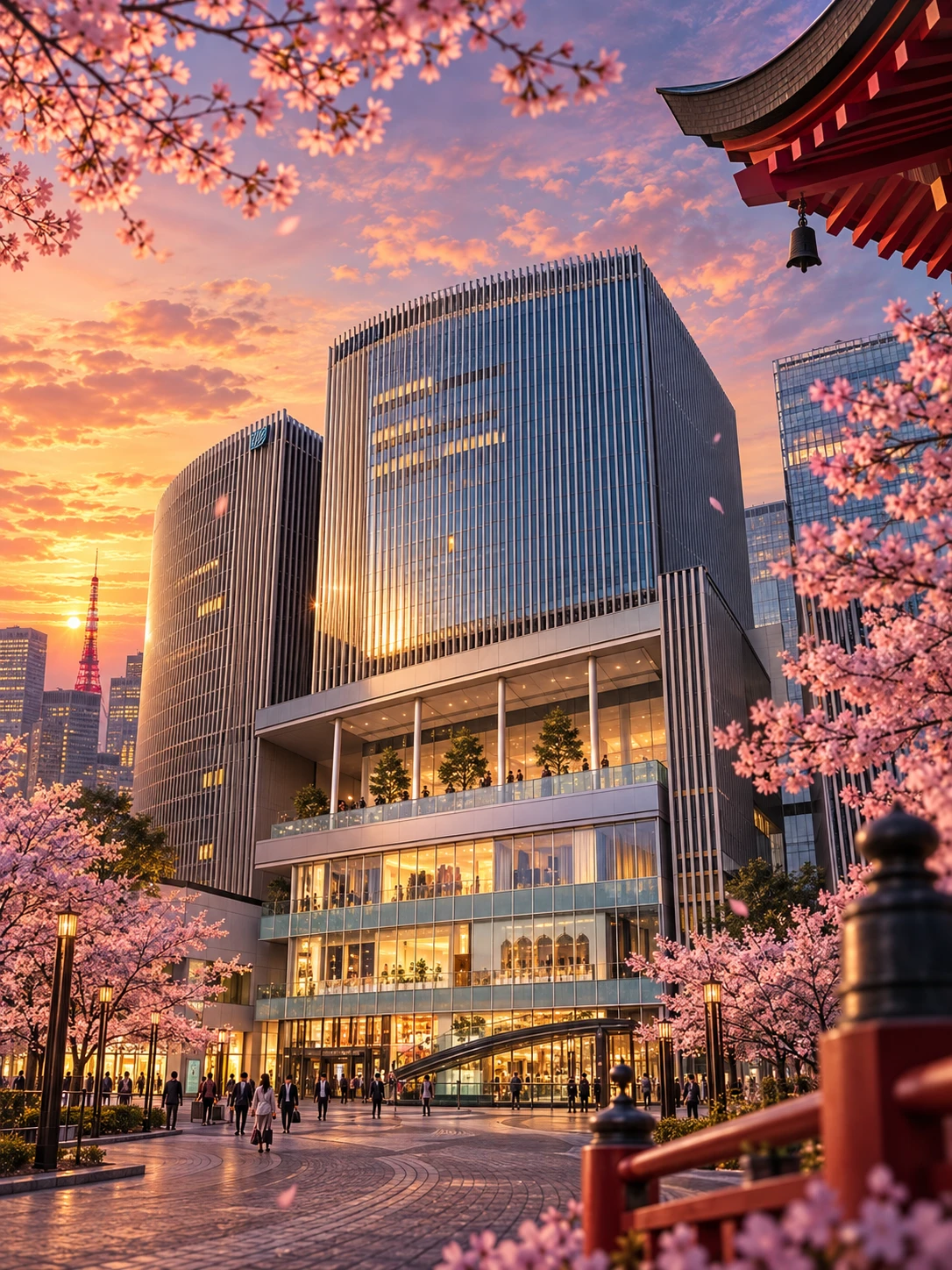 Thiết kế điểm đến Tokyo cho Hulic Hall với kiến trúc hiện đại, tháp Tokyo và hoa anh đào