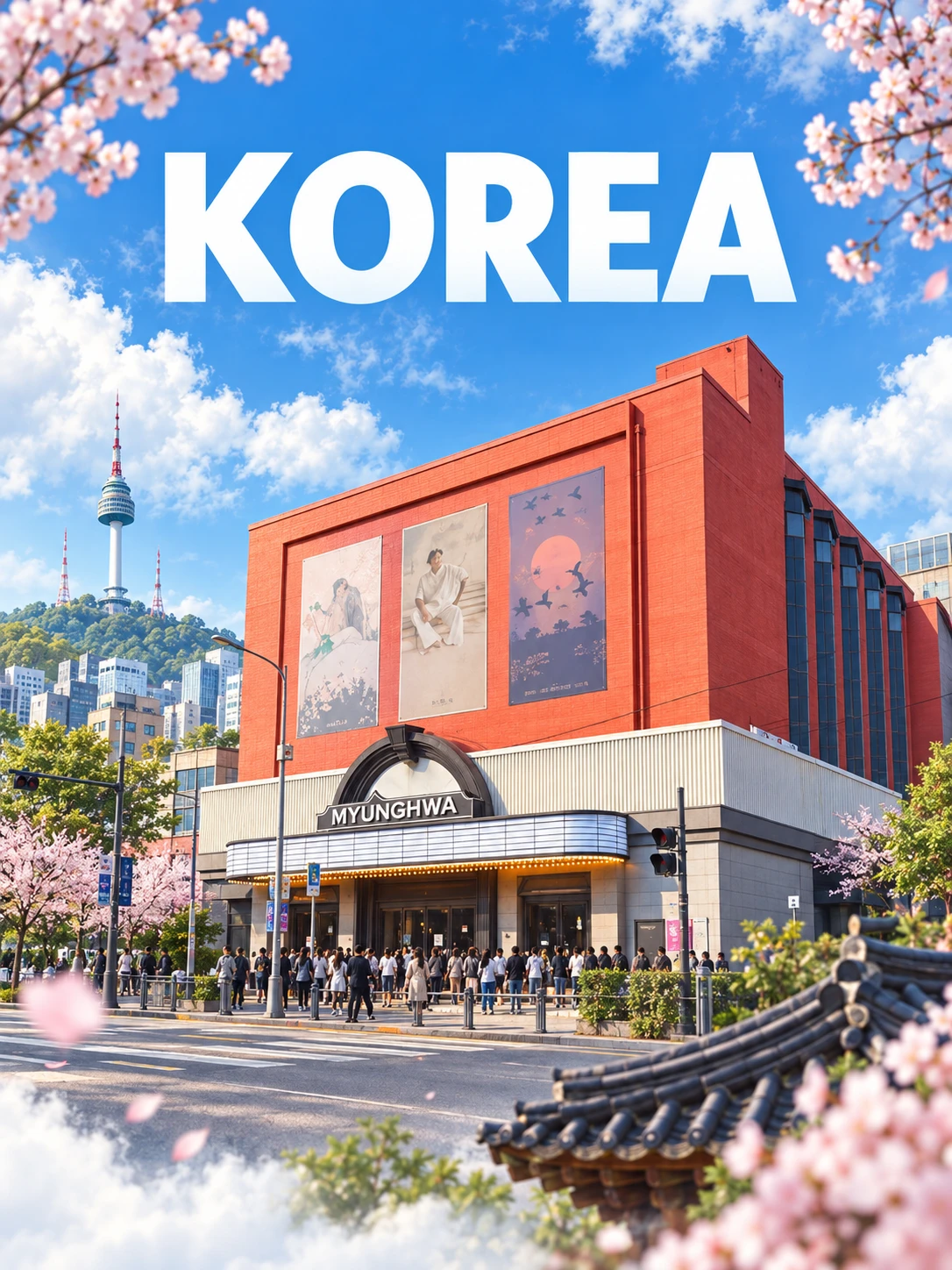Thiết kế điểm đến Hàn Quốc với Myunghwa Live Hall, tháp Namsan, hoa anh đào và khán giả trước sảnh