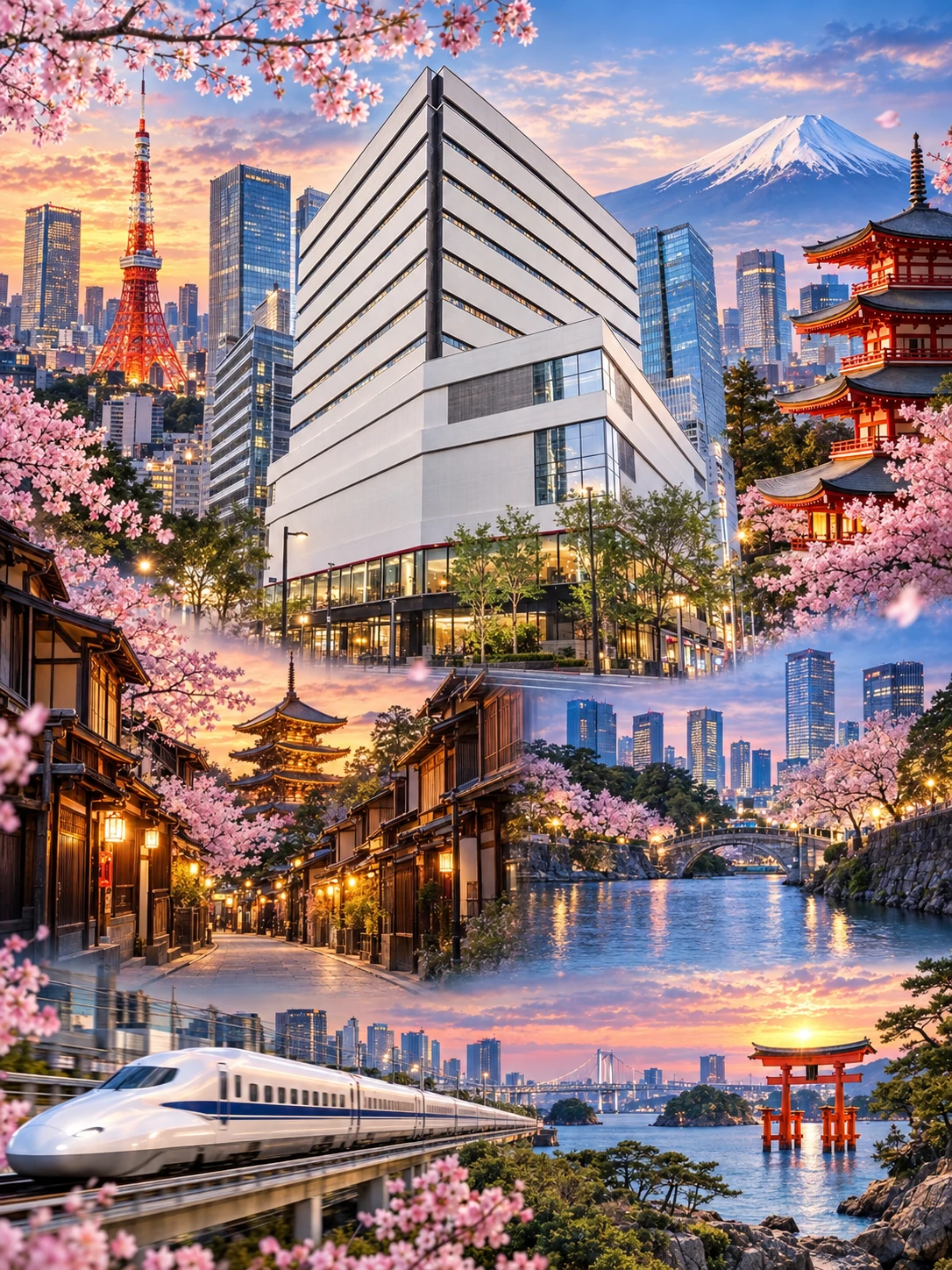 Thiết kế điểm đến Tokyo cho Nissho Hall với tháp Tokyo, núi Phú Sĩ, hoa anh đào và tàu Shinkansen