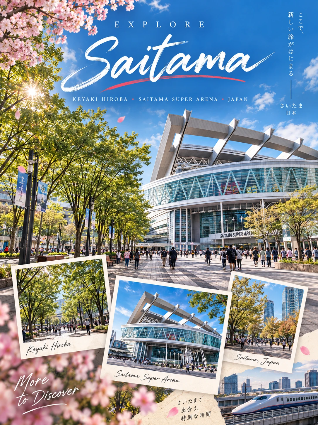 Thiết kế Explore Saitama với Saitama Super Arena, quảng trường Keyaki Hiroba và tàu Shinkansen