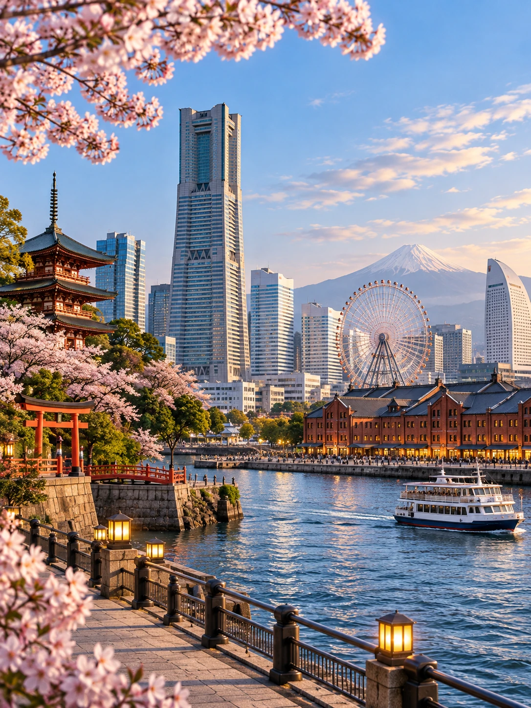 Toàn cảnh Yokohama với Landmark Tower, vòng quay Cosmo Clock và khu cảng